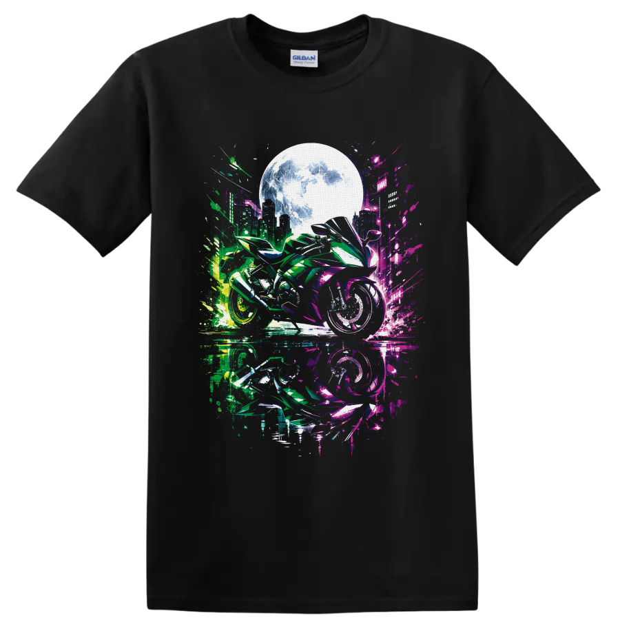 Cyberpunk sport motorcycle with neon city skyline, glowing moon, and reflective street art on a Black T Shirt