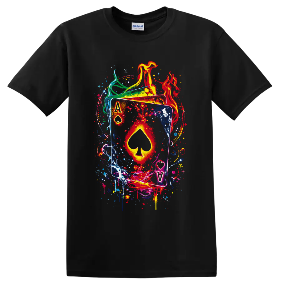 Ace of spades playing cards with flames, paint splashes, and graffiti-style art on a Black T Shirt