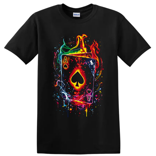 Ace of spades playing cards with flames, paint splashes, and graffiti-style art on a Black T Shirt