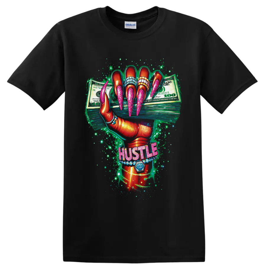 Glam manicured hand with pink nails, cash stacks, jeweled HUSTLE lettering, and sparkles on a Black T Shirt