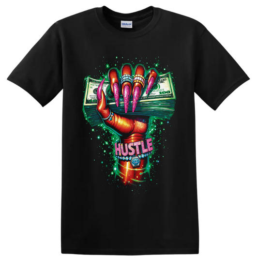 Glam manicured hand with pink nails, cash stacks, jeweled HUSTLE lettering, and sparkles on a Black T Shirt