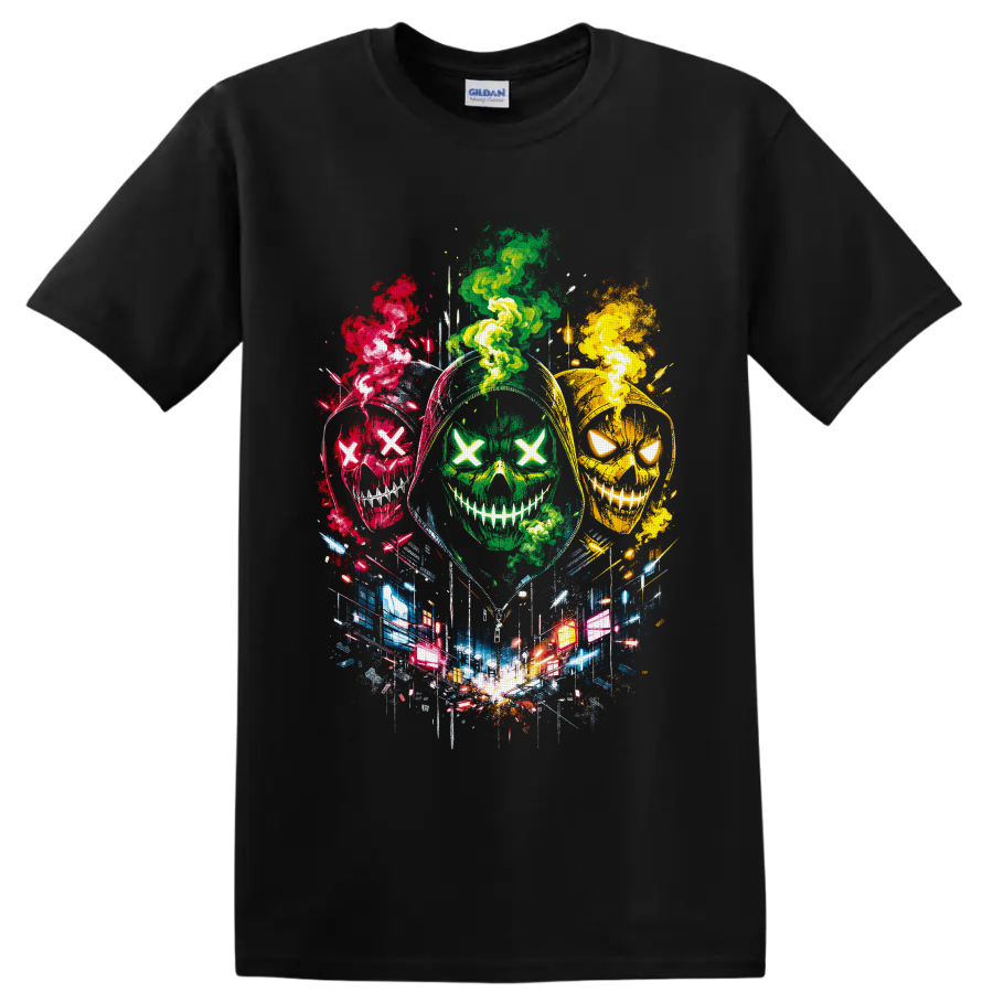 Three neon X-eyed skulls with colorful smoke and glowing city street art on a Black T Shirt
