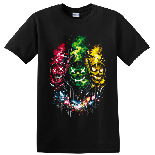 Three neon X-eyed skulls with colorful smoke and glowing city street art on a Black T Shirt