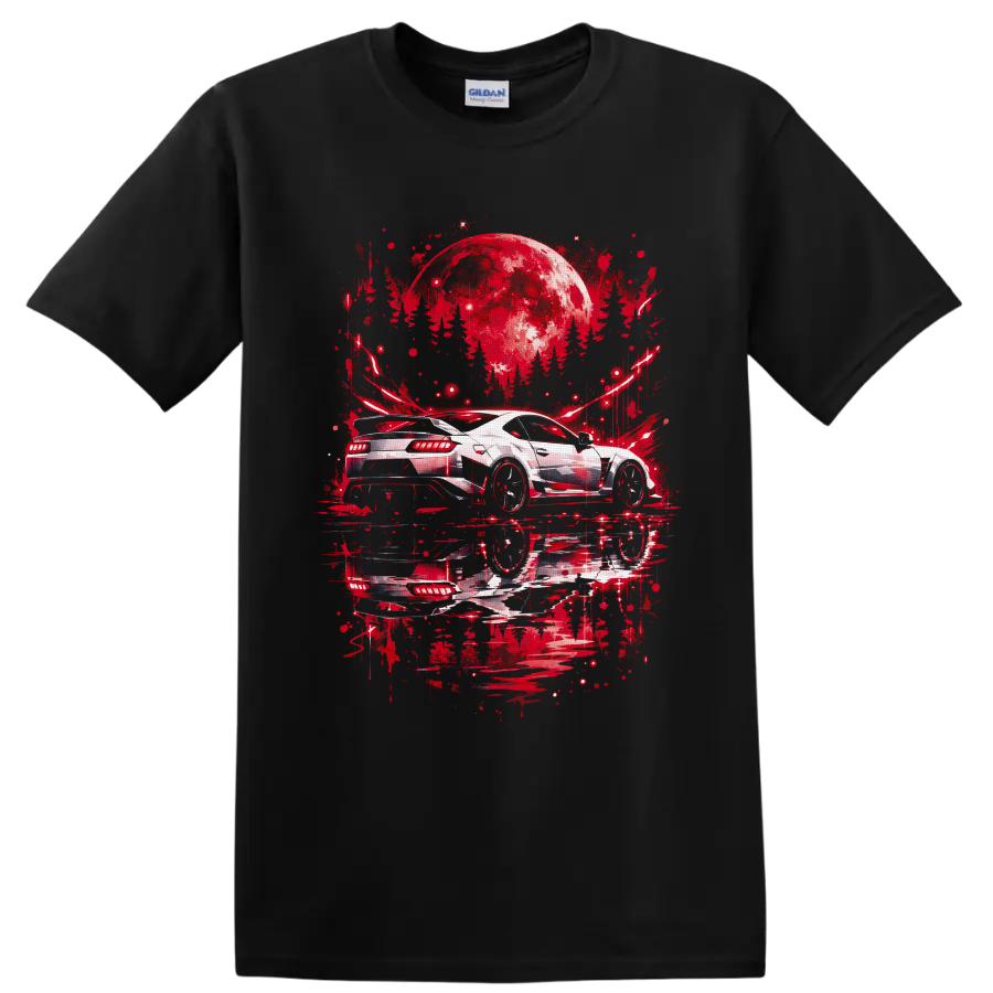 White sports car beneath a crimson moon in red graffiti-style night artwork on a Black T Shirt