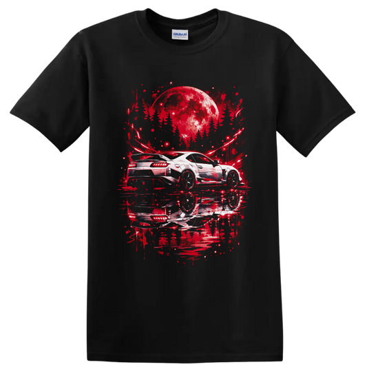 White sports car beneath a crimson moon in red graffiti-style night artwork on a Black T Shirt