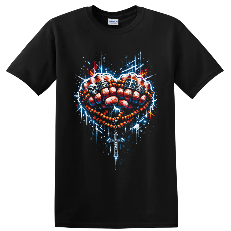 Red boxing gloves with rosary beads, cross, skull, and blue graffiti splashes on a Black T Shirt