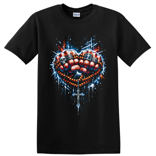 Red boxing gloves with rosary beads, cross, skull, and blue graffiti splashes on a Black T Shirt