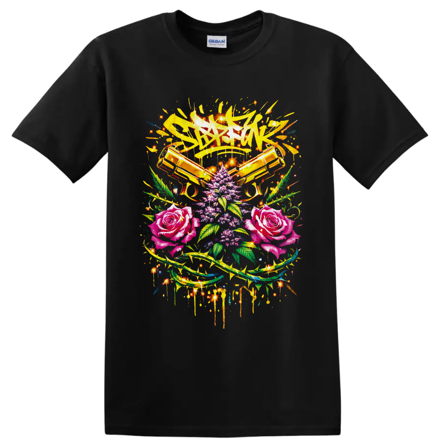 Bang Bang graffiti art with crossed golden pistols, roses, cannabis leaves, and sparks on a Black T Shirt