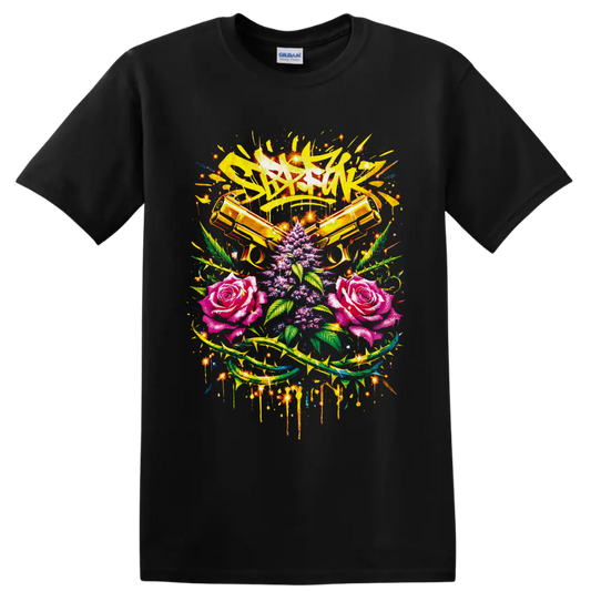 Bang Bang graffiti art with crossed golden pistols, roses, cannabis leaves, and sparks on a Black T Shirt