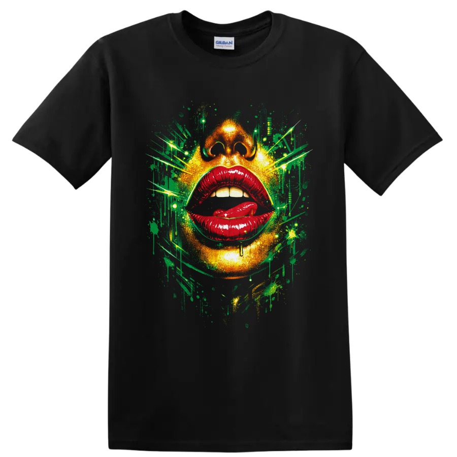 Abstract face with glossy red lips and neon green graffiti splatter art on a Black T Shirt