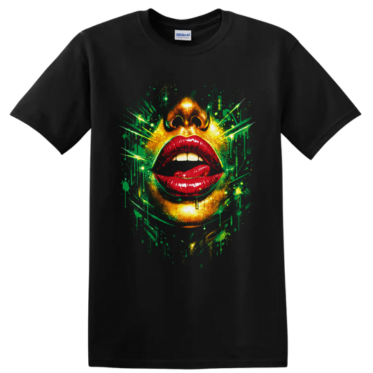 Abstract face with glossy red lips and neon green graffiti splatter art on a Black T Shirt