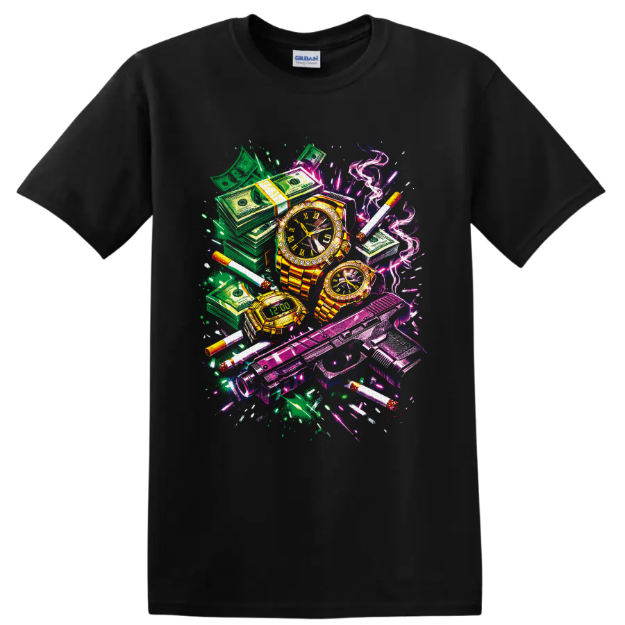 Neon graffiti collage of cash stacks, gold watches, handguns, cigarettes, and smoke on a Black T Shirt