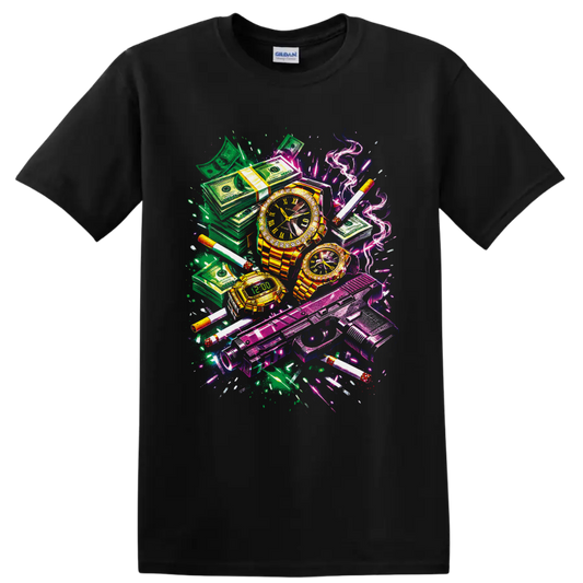 Neon graffiti collage of cash stacks, gold watches, handguns, cigarettes, and smoke on a Black T Shirt