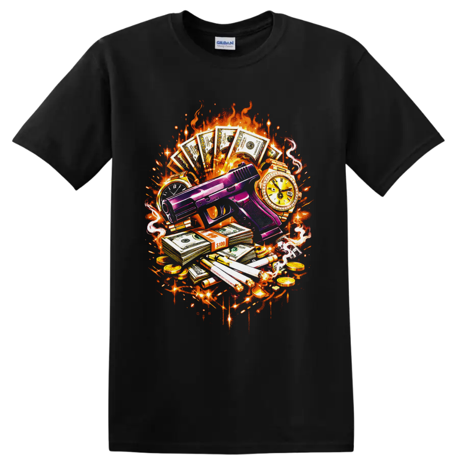 Purple handgun with cash, gold watches, cigars, coins, flames, smoke, and graffiti on a Black T Shirt