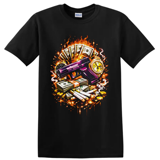 Purple handgun with cash, gold watches, cigars, coins, flames, smoke, and graffiti on a Black T Shirt