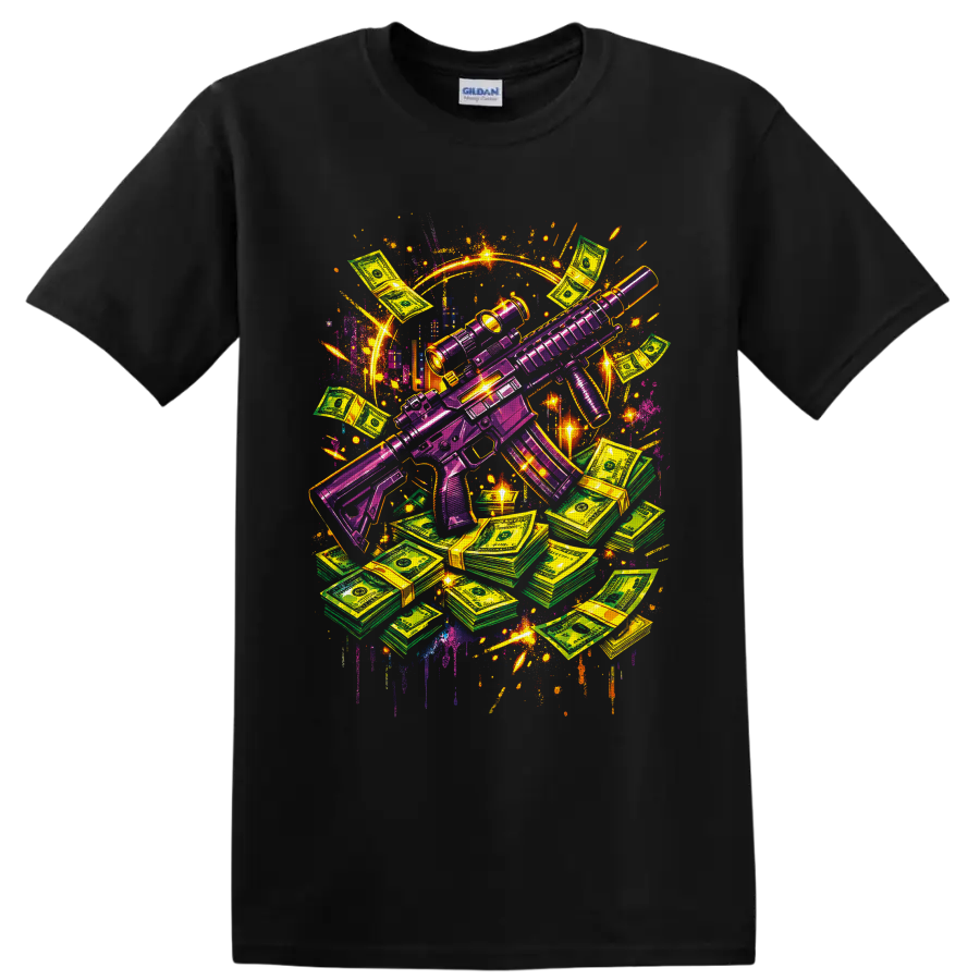 Neon purple tactical rifle with cash stacks in vibrant graffiti art on a Black T Shirt