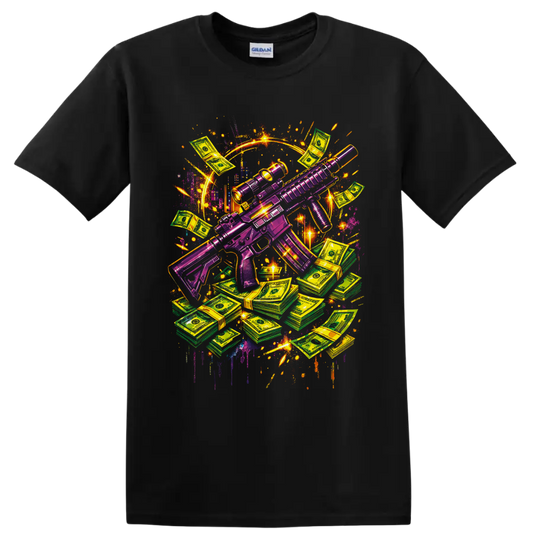 Neon purple tactical rifle with cash stacks in vibrant graffiti art on a Black T Shirt