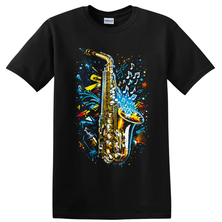 Golden saxophone with white musical notes and colorful graffiti paint splashes on a Black T Shirt