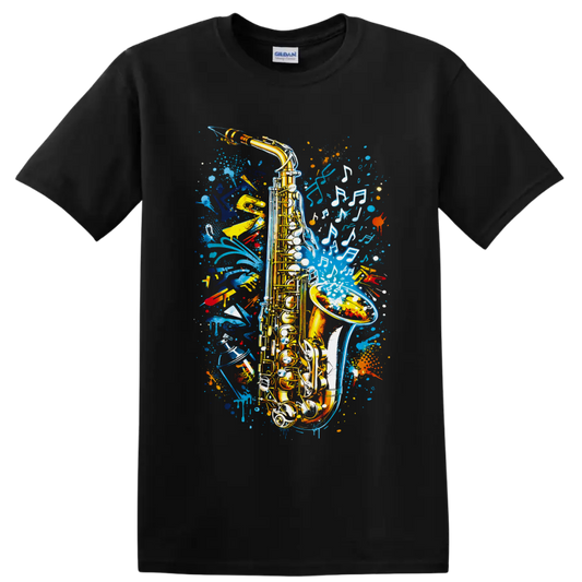 Golden saxophone with white musical notes and colorful graffiti paint splashes on a Black T Shirt