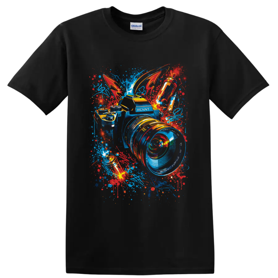 Graffiti-style camera with oversized lens, vivid paint splatters, and abstract strokes on a Black T Shirt