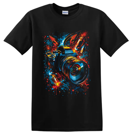 Graffiti-style camera with oversized lens, vivid paint splatters, and abstract strokes on a Black T Shirt