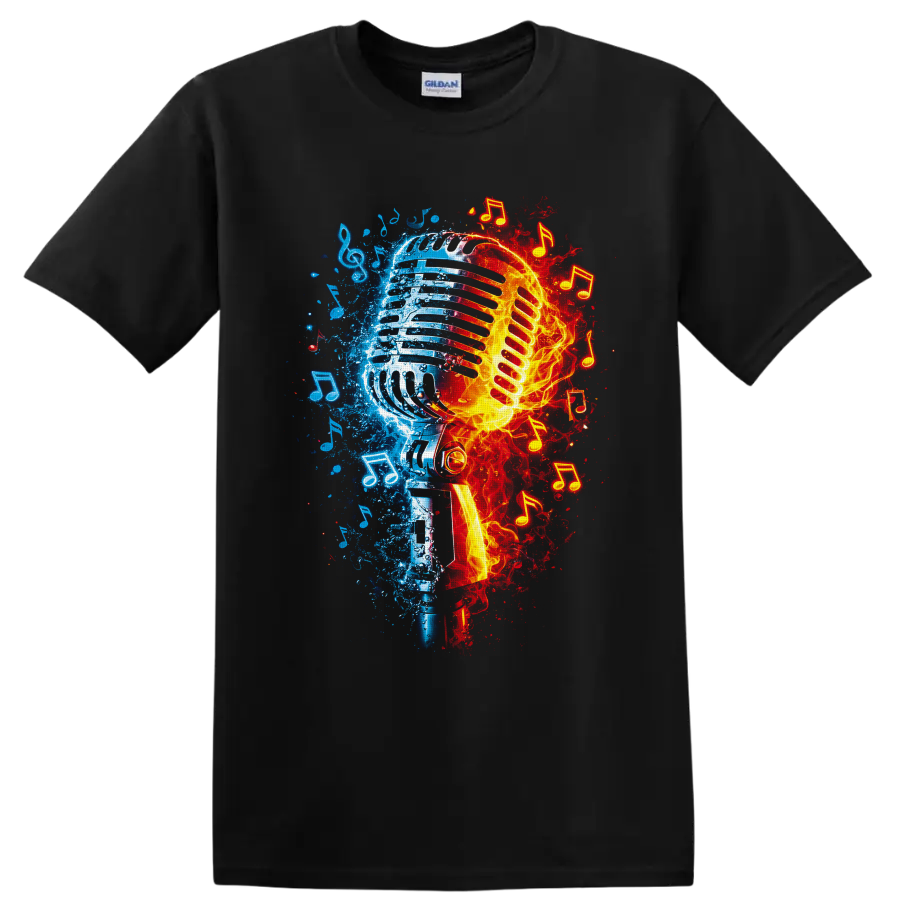 Fire and ice vintage microphone graphic with blue splashes, flames, and music notes on a Black T Shirt