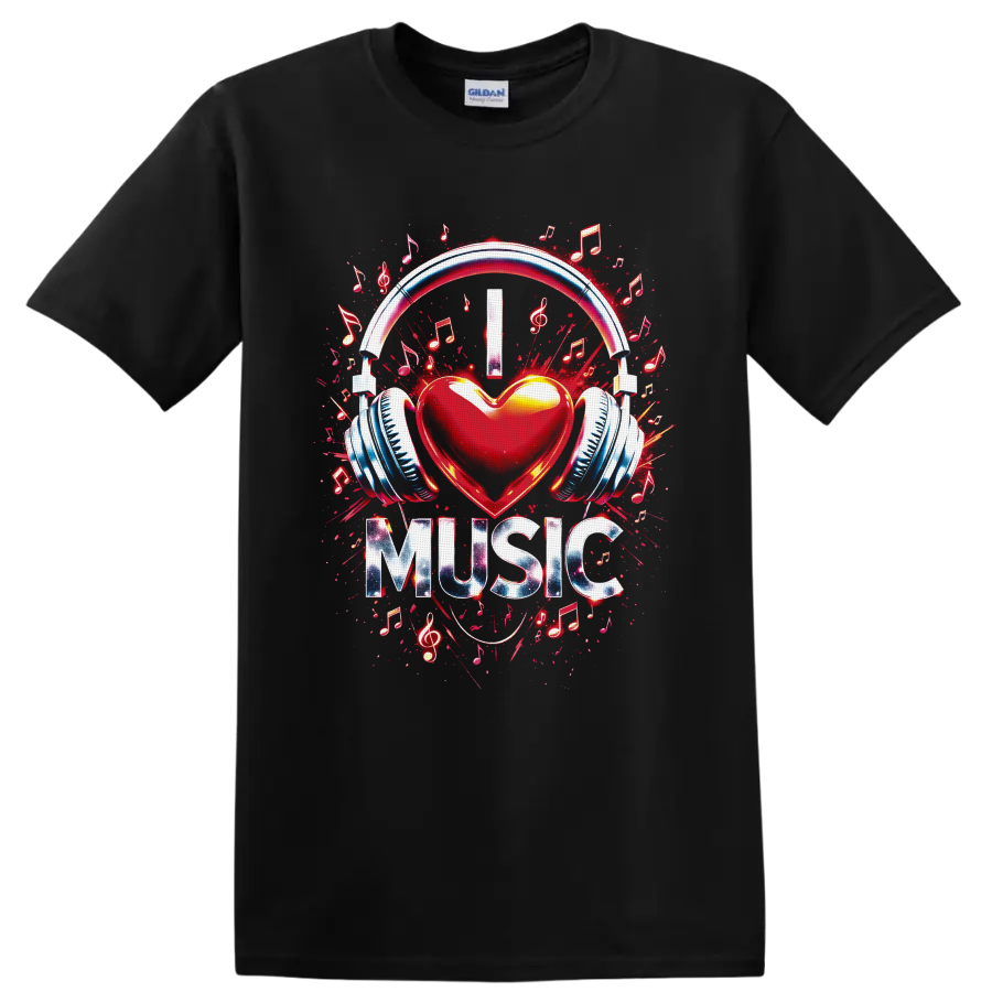 Red heart with headphones, musical notes, treble clefs, and MUSIC graffiti graphic on a Black T Shirt