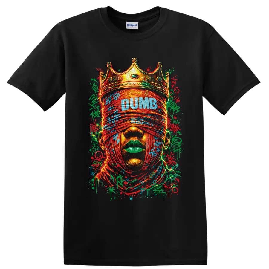 Crowned blindfolded face graffiti portrait with DUMB text and paint splatters on a Black T Shirt