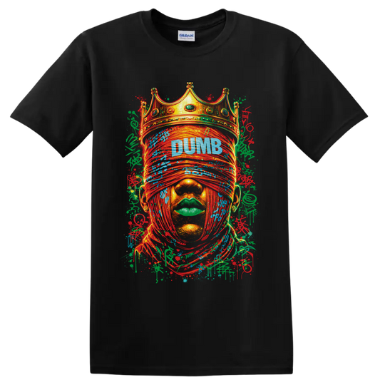 Crowned blindfolded face graffiti portrait with DUMB text and paint splatters on a Black T Shirt