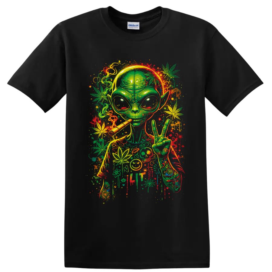 Psychedelic green alien smoking with peace sign, cannabis leaves, and neon paint splatters on a Black T Shirt