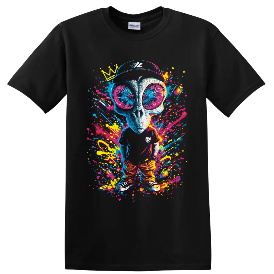 Crowned alien in oversized sunglasses with neon graffiti paint splatters on a Black T Shirt