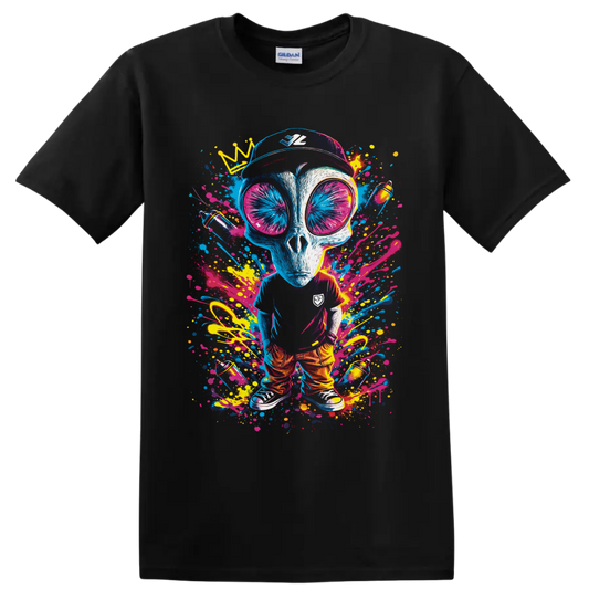 Crowned alien in oversized sunglasses with neon graffiti paint splatters on a Black T Shirt