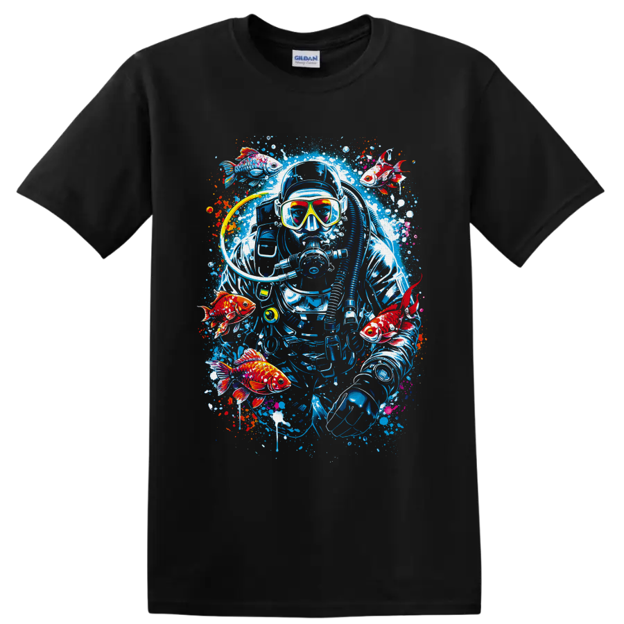 Graffiti-style scuba diver with goldfish, bubbles, and colorful ocean paint splashes on a Black T Shirt