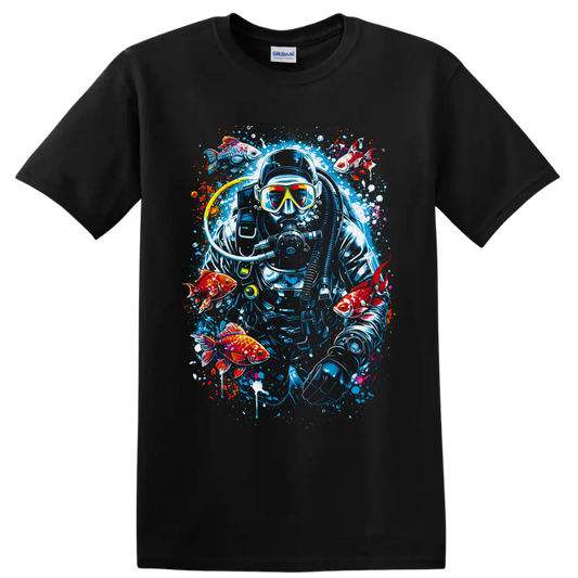 Graffiti-style scuba diver with goldfish, bubbles, and colorful ocean paint splashes on a Black T Shirt