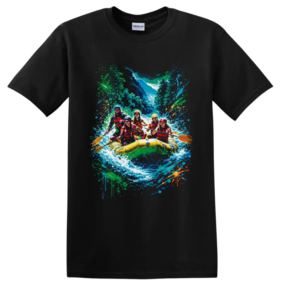 Colorful whitewater rafting crew in yellow raft with canyon rapids and paint splatters on a Black T Shirt
