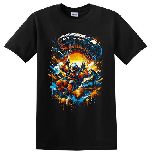 Skydiver under parachute over sunset mountains in vibrant graffiti splatter art on a Black T Shirt