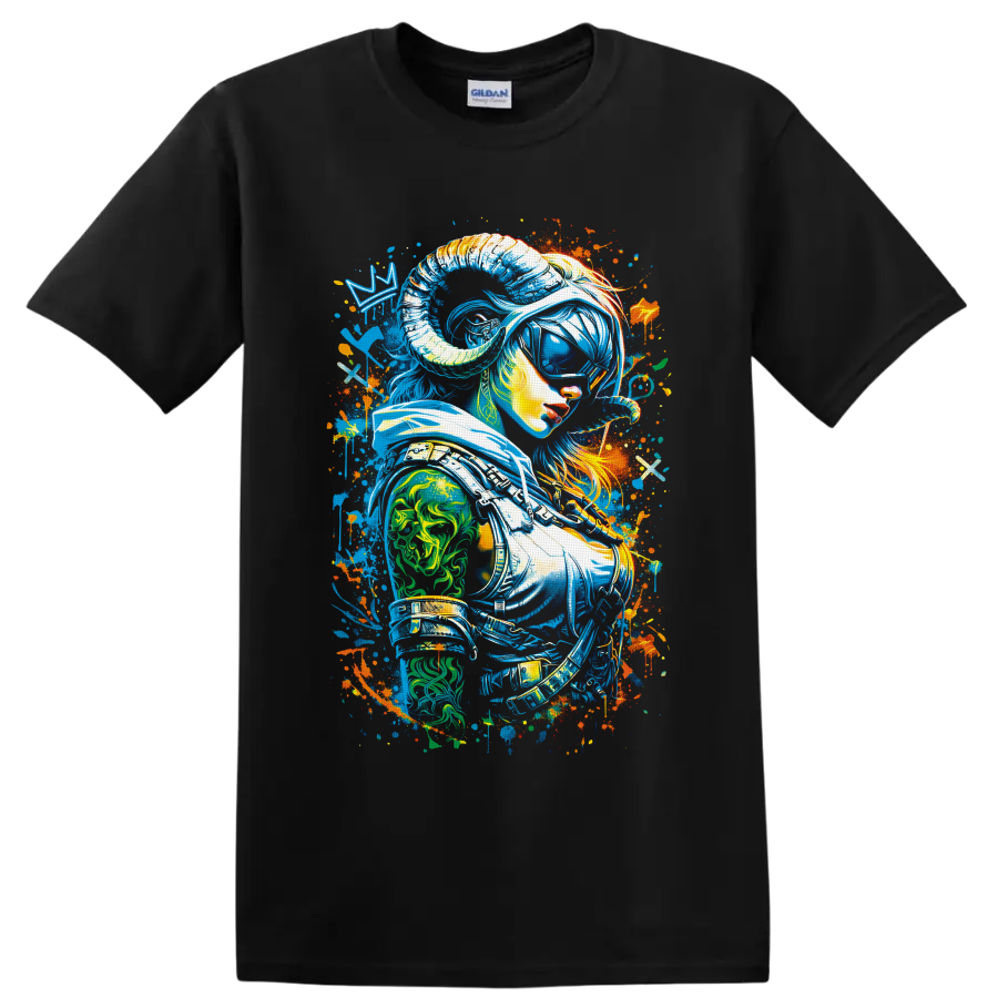 Neon graffiti woman astronaut portrait with a reflective visor and cosmic paint splatters on a Black T Shirt