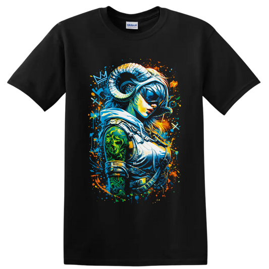 Neon graffiti woman astronaut portrait with a reflective visor and cosmic paint splatters on a Black T Shirt