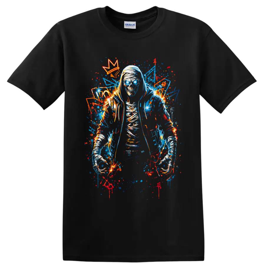 Hooded skeleton with glowing blue eyes, crown, and neon graffiti splatters on a Black T Shirt