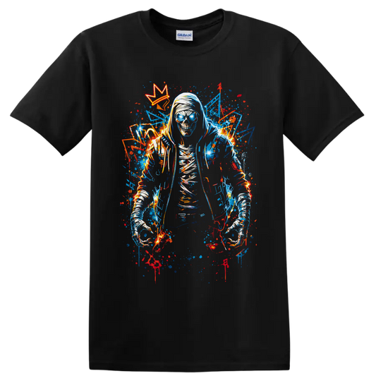 Hooded skeleton with glowing blue eyes, crown, and neon graffiti splatters on a Black T Shirt