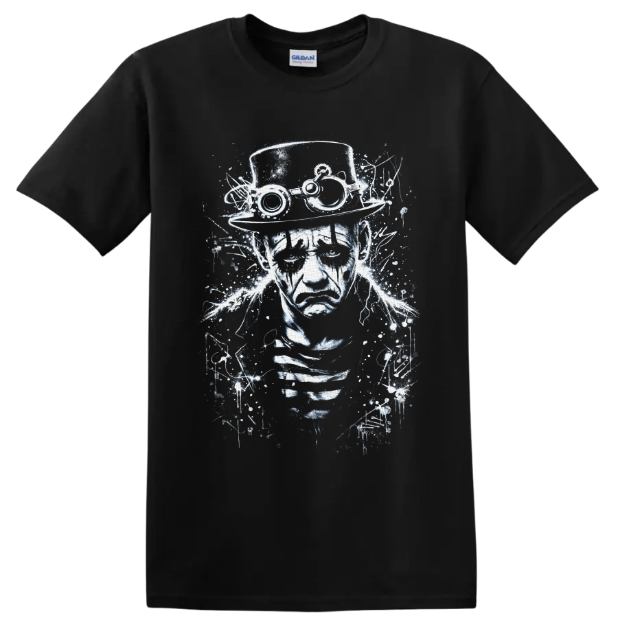 Steampunk gothic portrait with top hat goggles and distressed industrial linework on a Black T Shirt