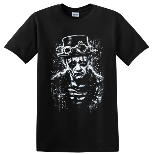 Steampunk gothic portrait with top hat goggles and distressed industrial linework on a Black T Shirt