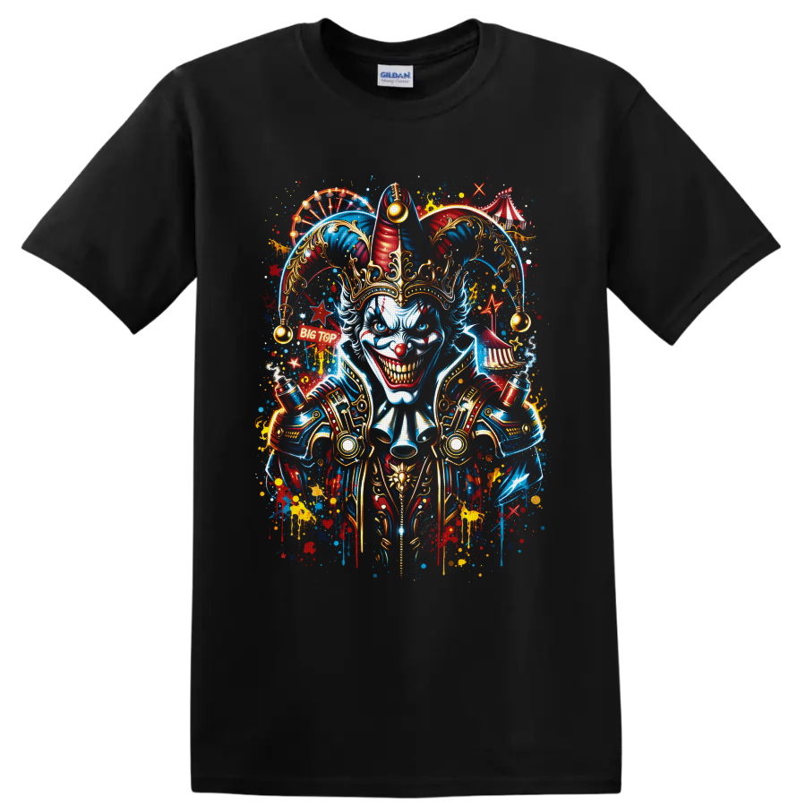 Sinister crowned jester clown with Big Top circus tents in vibrant graffiti style on a Black T Shirt