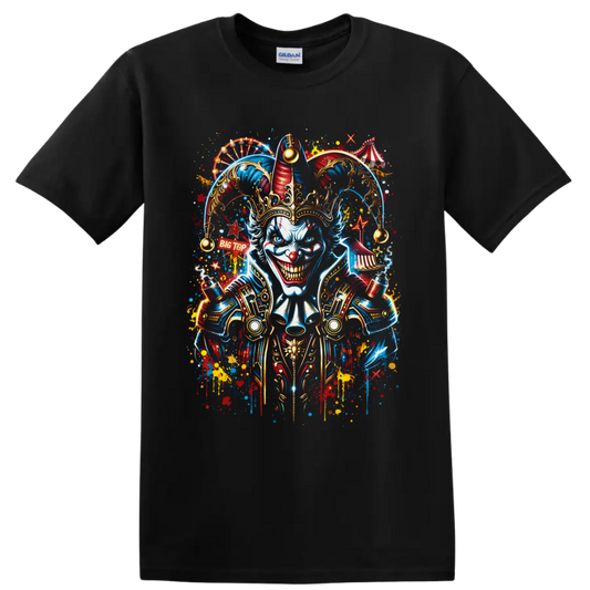 Sinister crowned jester clown with Big Top circus tents in vibrant graffiti style on a Black T Shirt
