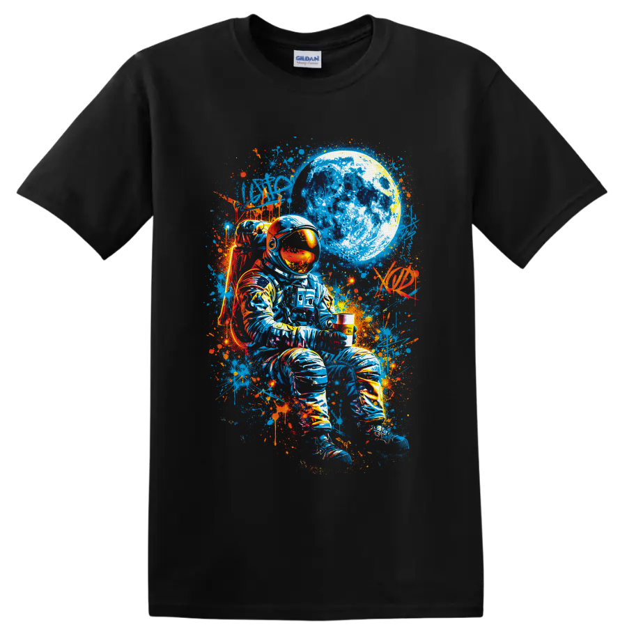 Seated astronaut beneath a cratered moon in vivid blue and orange graffiti art on a Black T Shirt