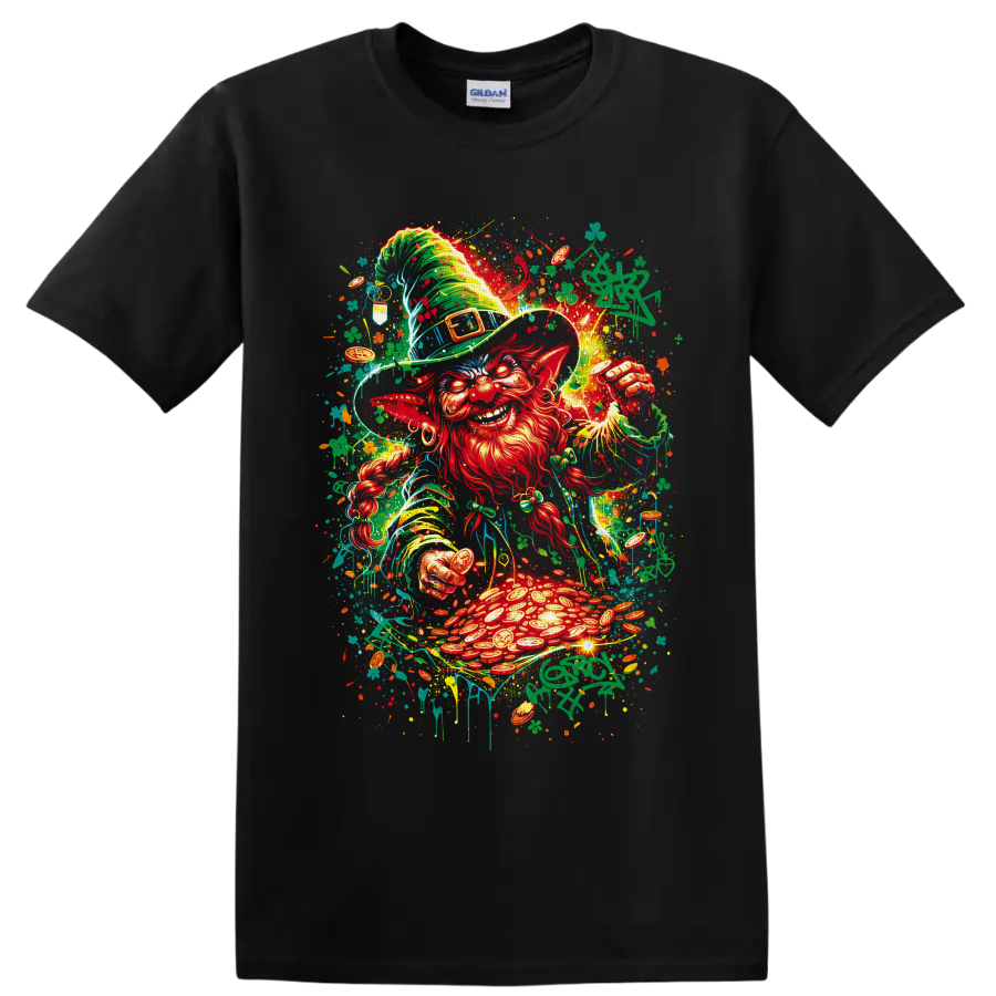 Graffiti-style leprechaun with shamrocks, gold coins, and glowing pot of gold on a Black T Shirt
