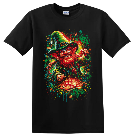 Graffiti-style leprechaun with shamrocks, gold coins, and glowing pot of gold on a Black T Shirt