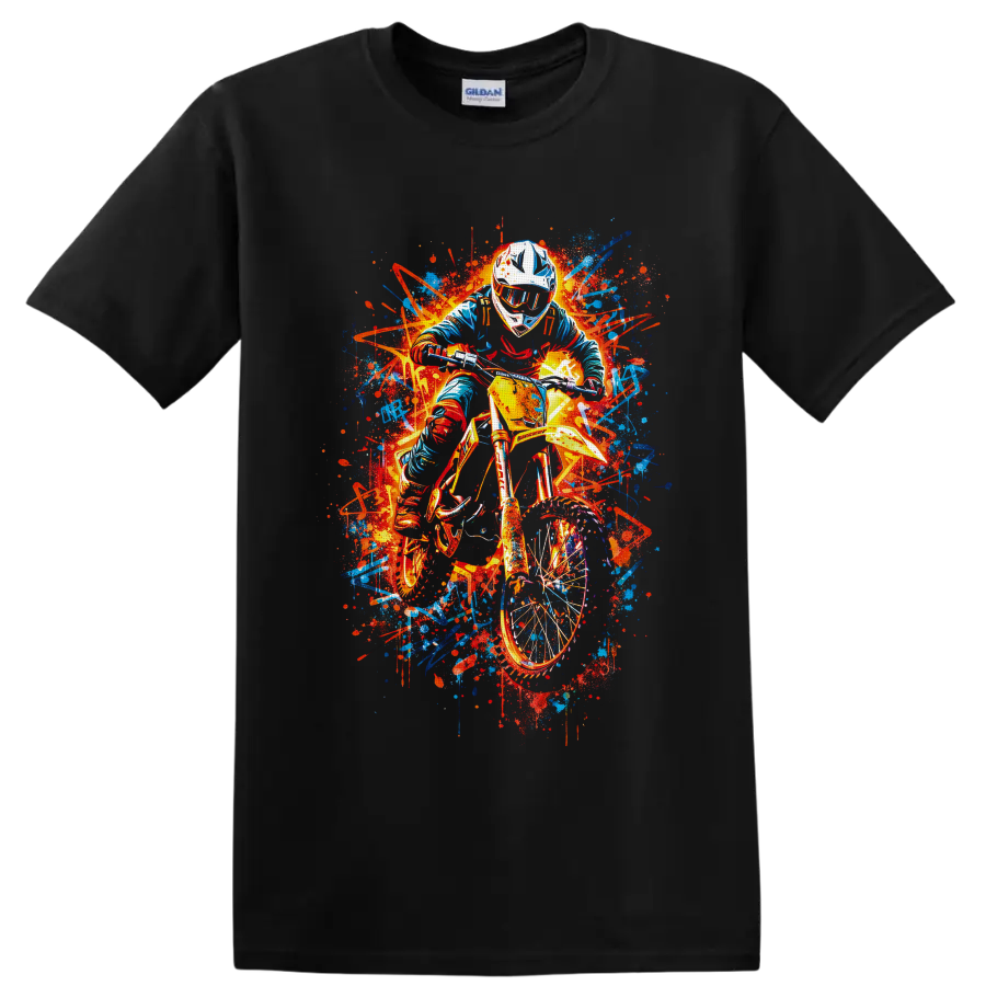 Helmeted motocross rider on dirt bike in neon graffiti paint-splash art on a Black T Shirt