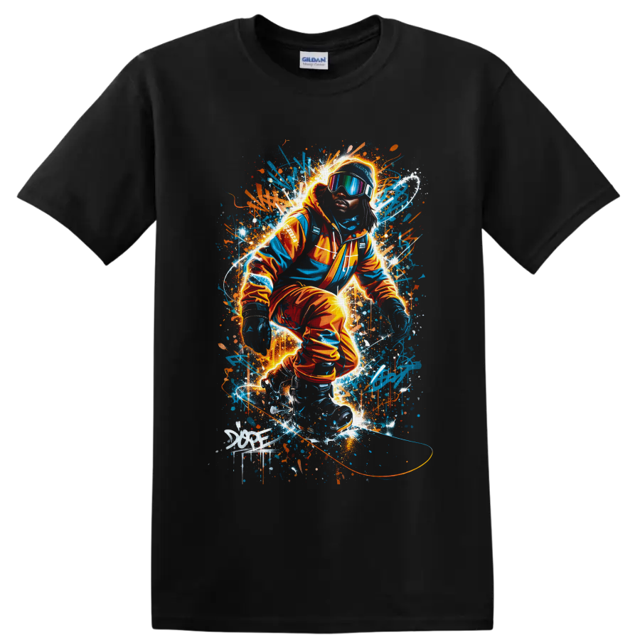 Neon graffiti snowboarder in goggles carving through glowing blue and orange snow spray on a Black T Shirt
