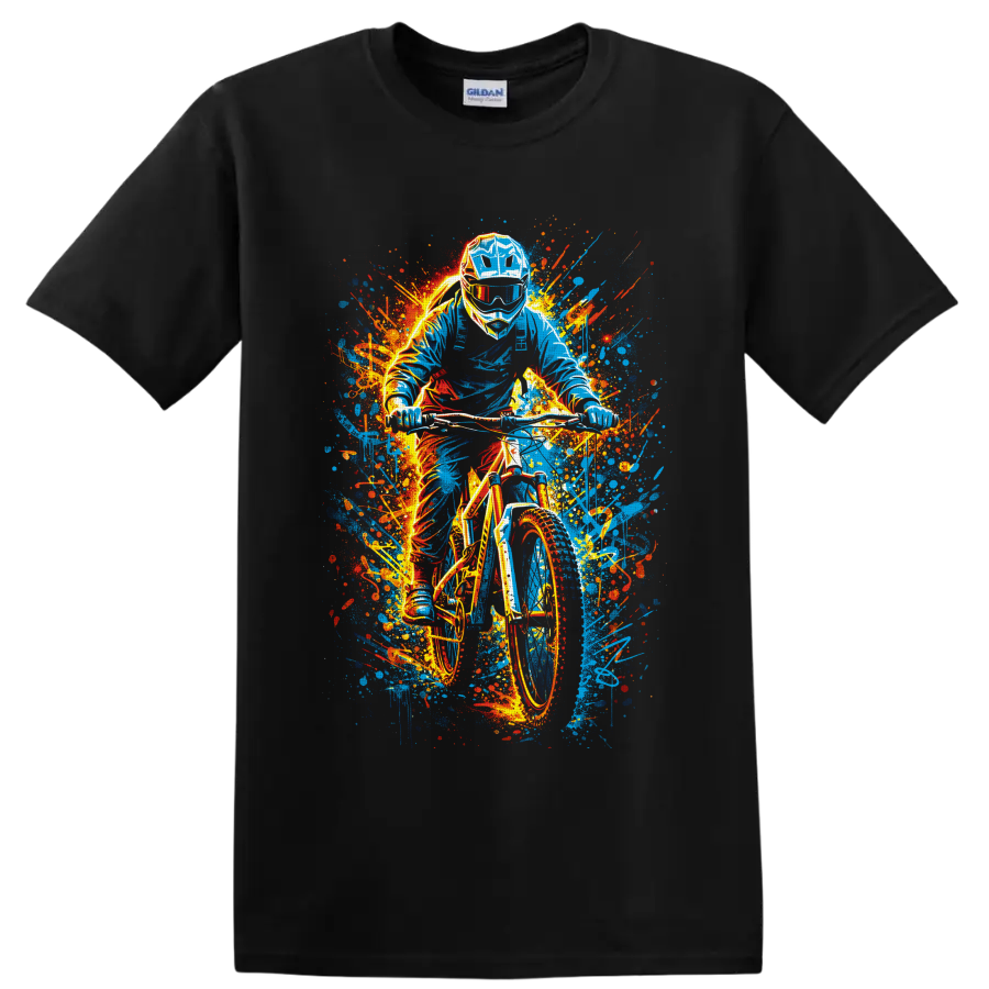 Helmeted motocross rider on dirt bike in vivid graffiti-style paint splashes on a Black T Shirt